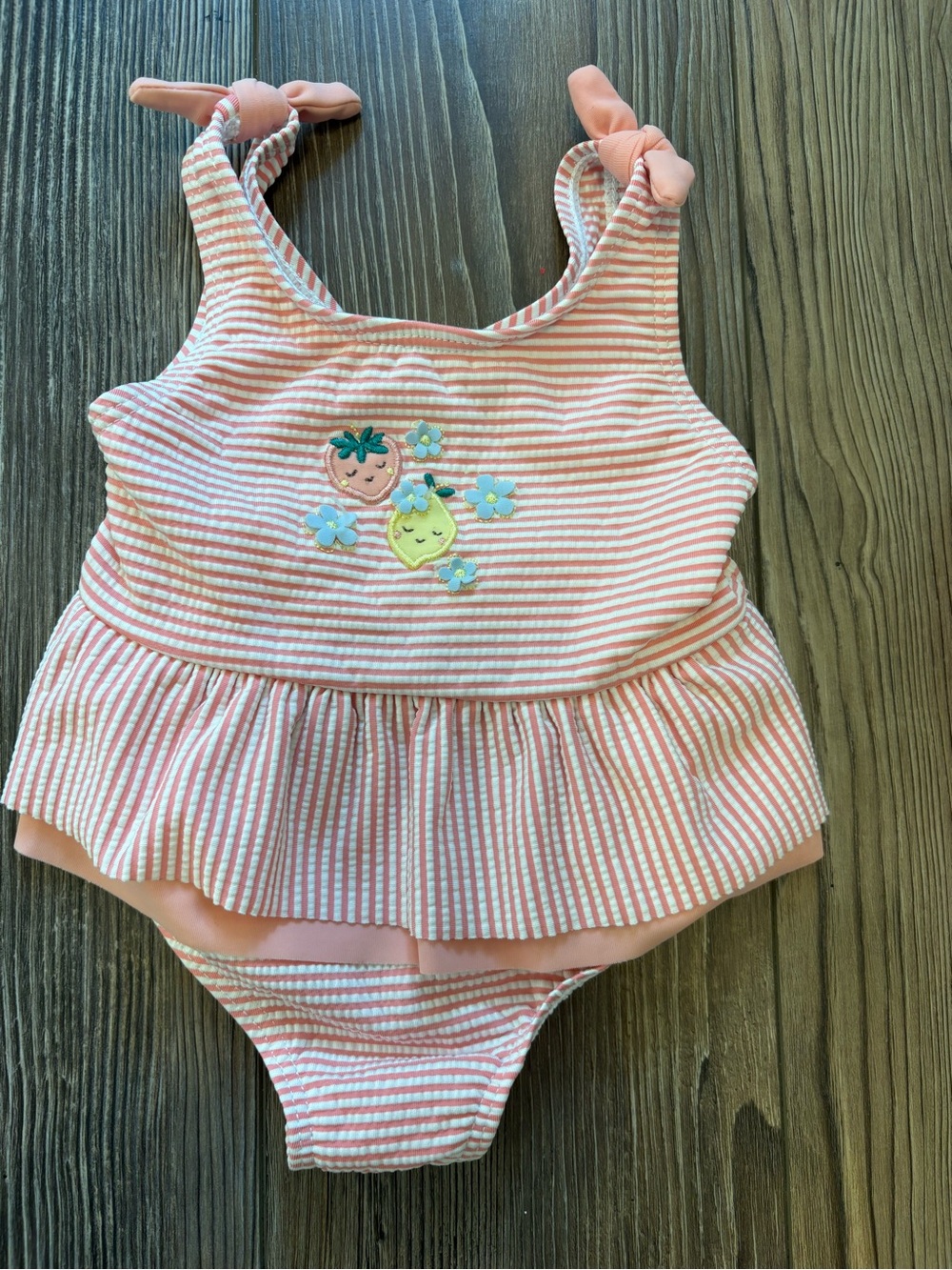 Sergent Major Baby Girl Swimsuit 12M Pink Striped Ruffle Fruit Embroidered